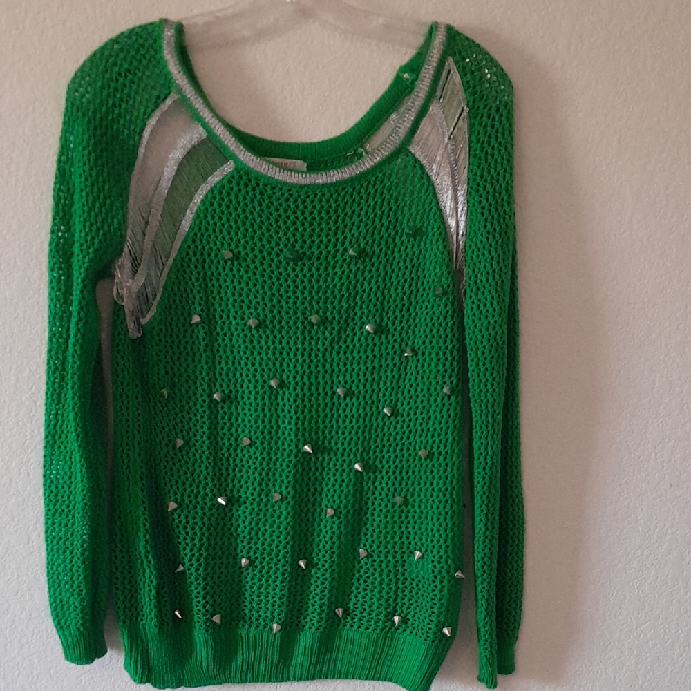 Green Knit Sweater with Silver Spikes